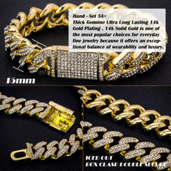 Thick Cuban Bracelet Link Fully Iced 14k Gold Plated 9"