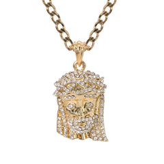 Catholic Jesus Face Pendant Cubic-Zirconia Gold Plated 18" Cuban Chain