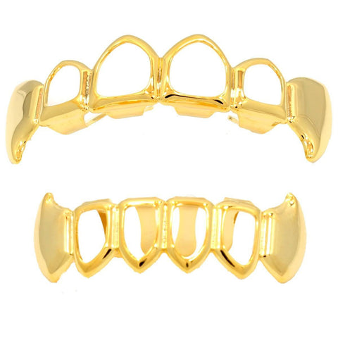 GRILLZ SET GOLD FANG PLAIN FANG 4 OPENING