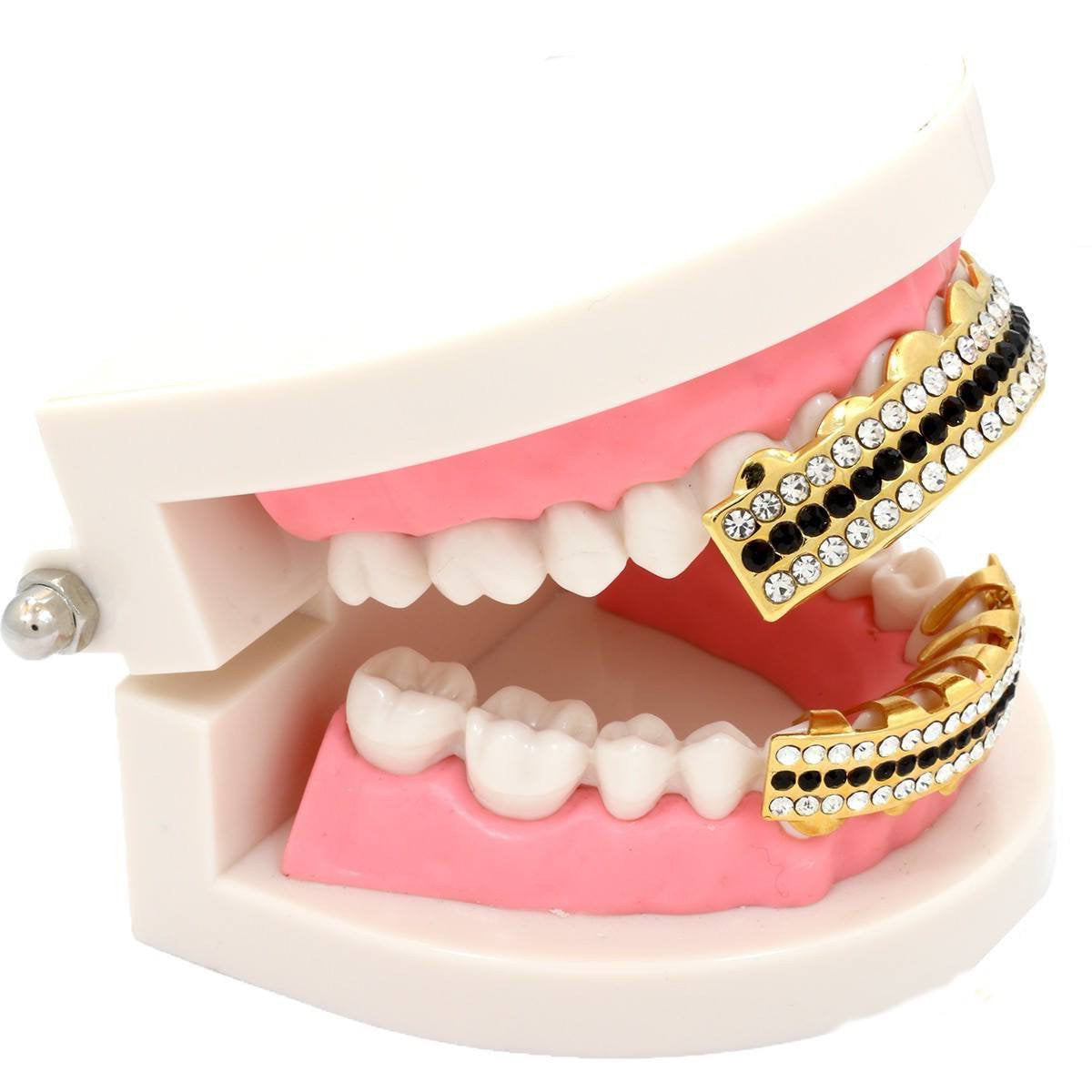 GRILLZ SET GOLD 3 ROW CLEAR BLACK