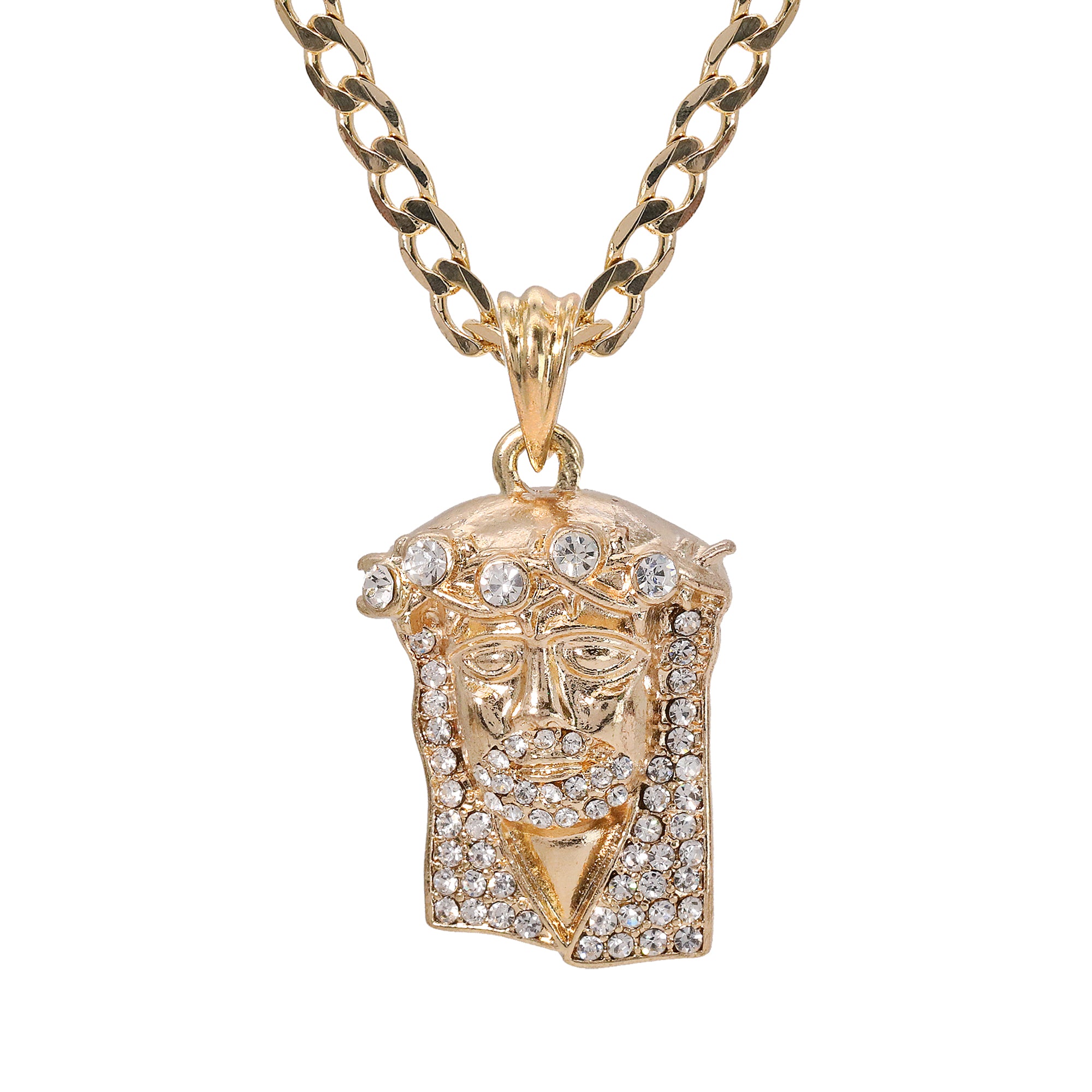 Catholic Jesus Face Big Crown Pendant Cubic-Zirconia Gold Plated 18" Cuban Chain