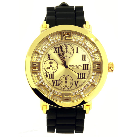 Gold Iced Out TK Black Silicone Band Watch