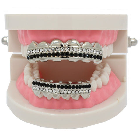 GRILLZ SET RHODIUM 2 ROW BK/CLEAR