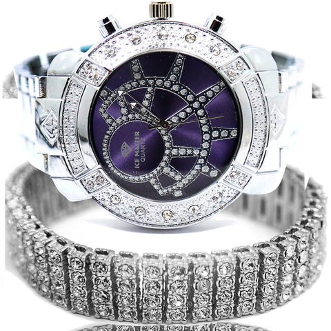 White Gold Ice Out Ice Master Watch & Bracelet SET 8 Purple Face