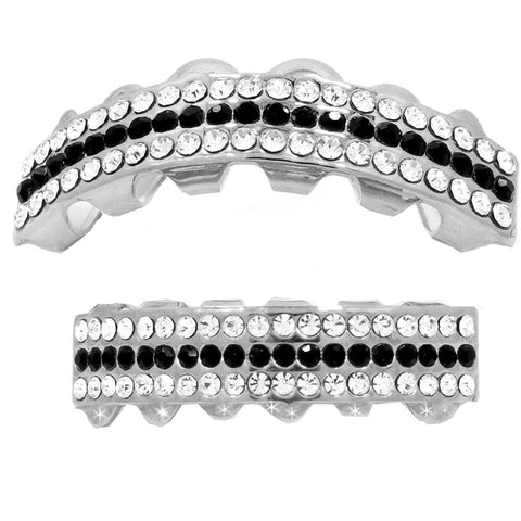 GRILLZ SET RHODIUM 3 ROW CLEAR BLACK
