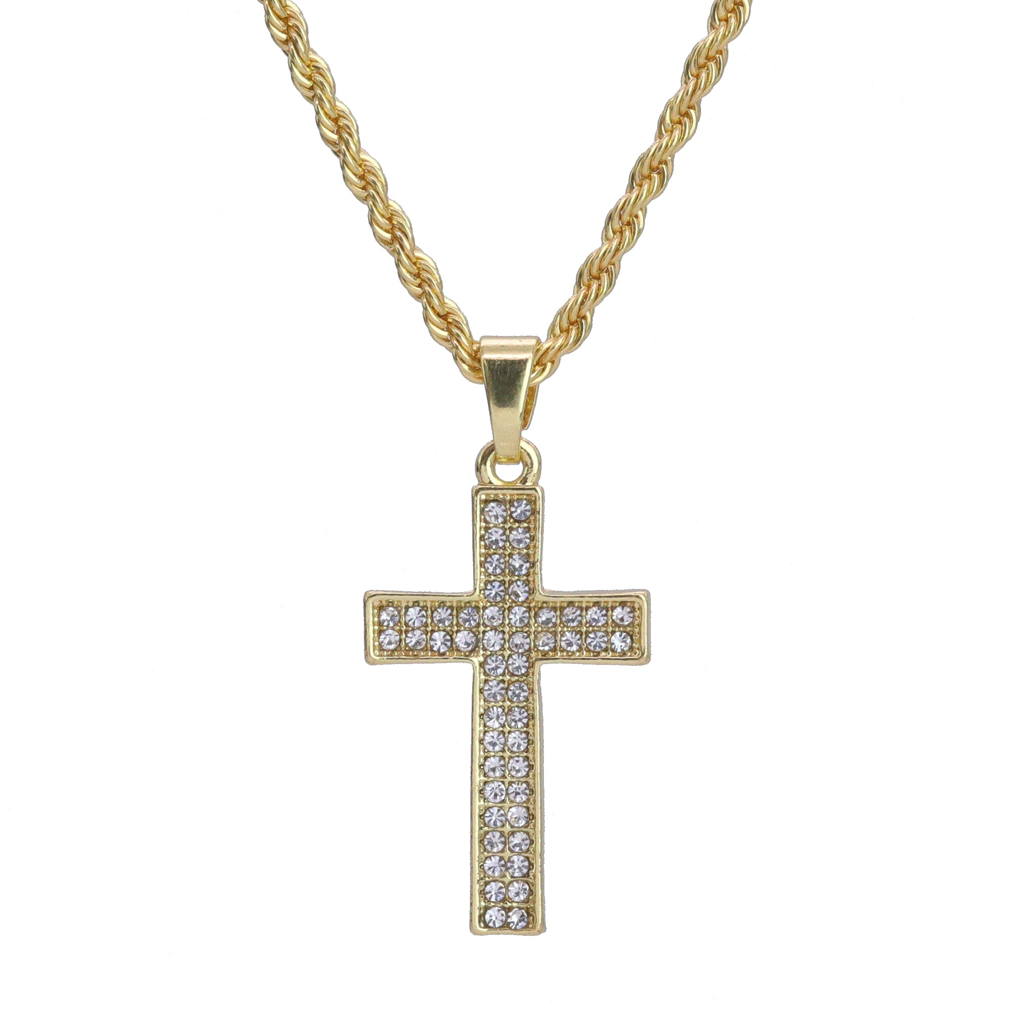 Micro 2 Row Cross Pendant 24" Rope Chain Hip Hop Style 18k Gold PT