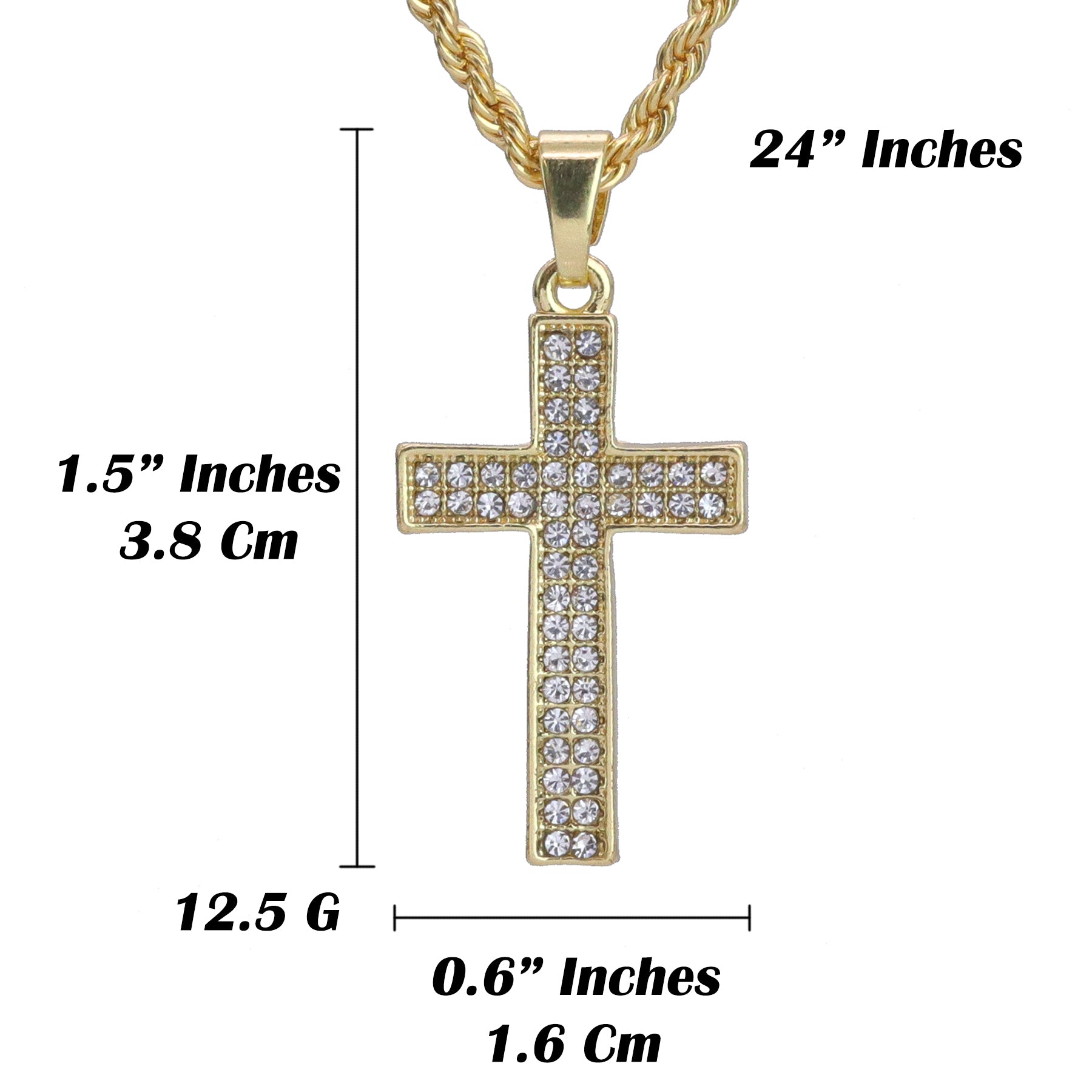 Micro 2 Row Cross Pendant 24" Rope Chain Hip Hop Style 18k Gold PT