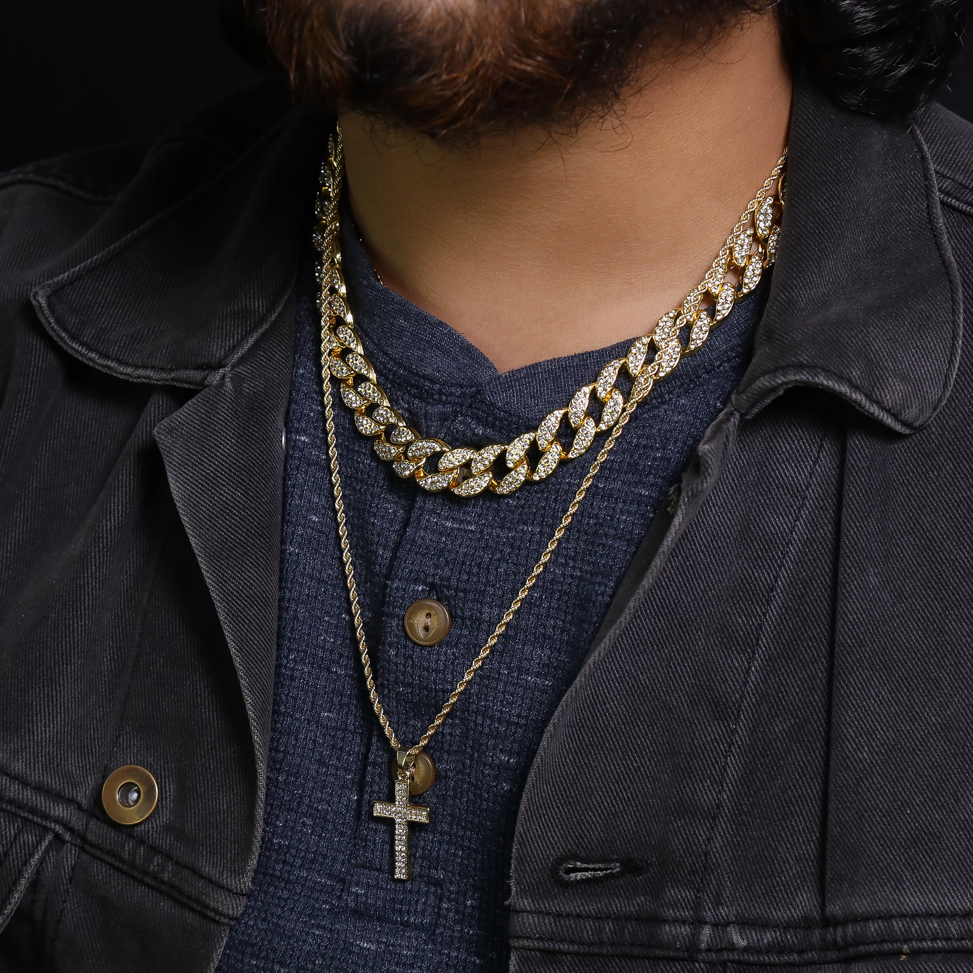 Micro 2 Row Cross Pendant 24" Rope Chain Hip Hop Style 18k Gold PT