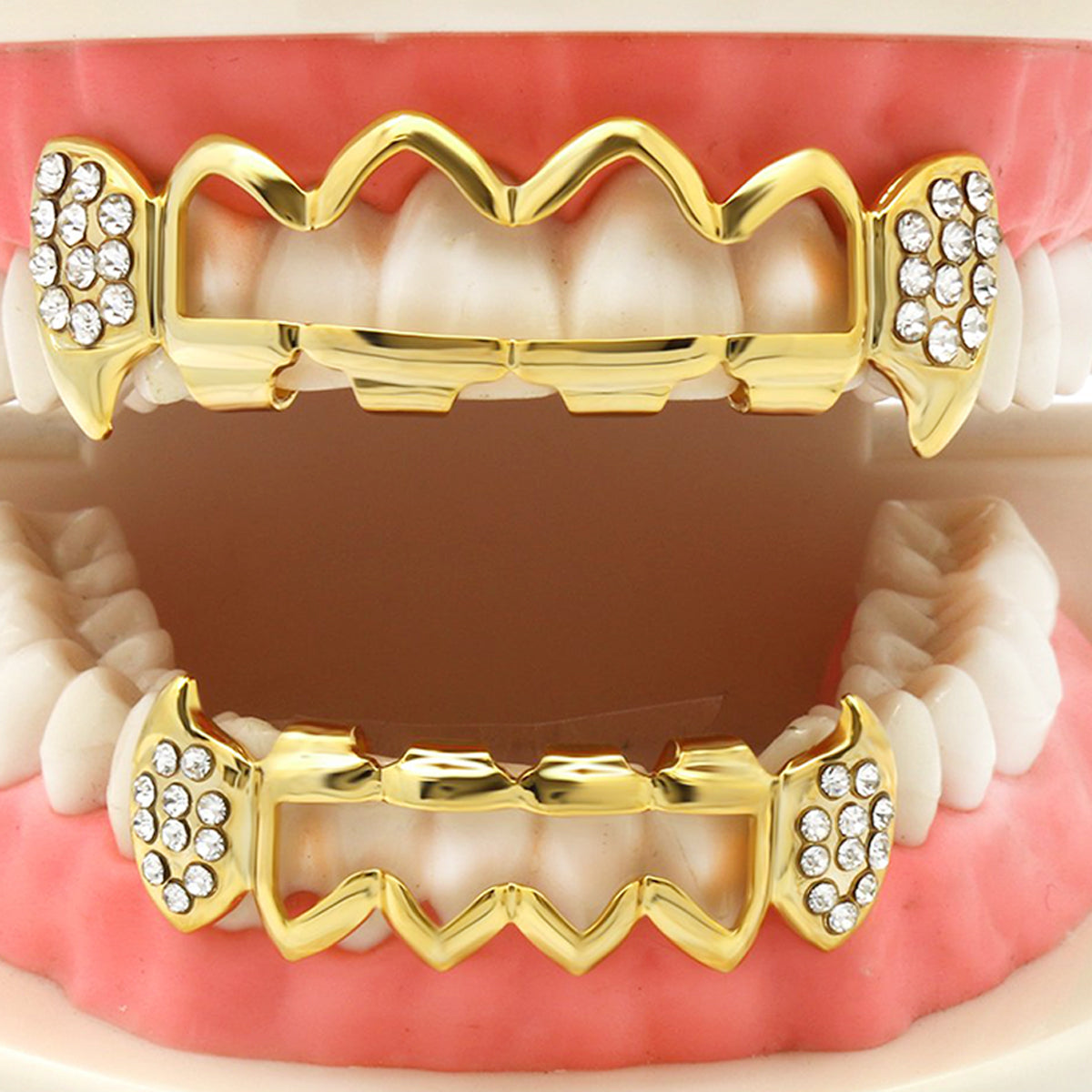 GRILLZ SET GOLD WAVE HOLLOW CZ FANG
