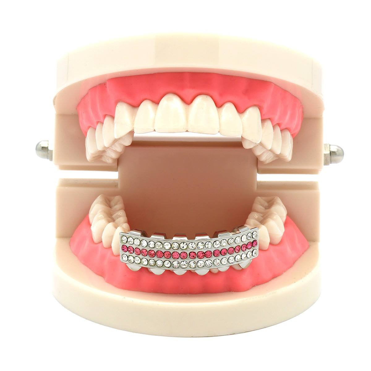 SILVER BOTTOM GRILLZ 3 ROW PINK