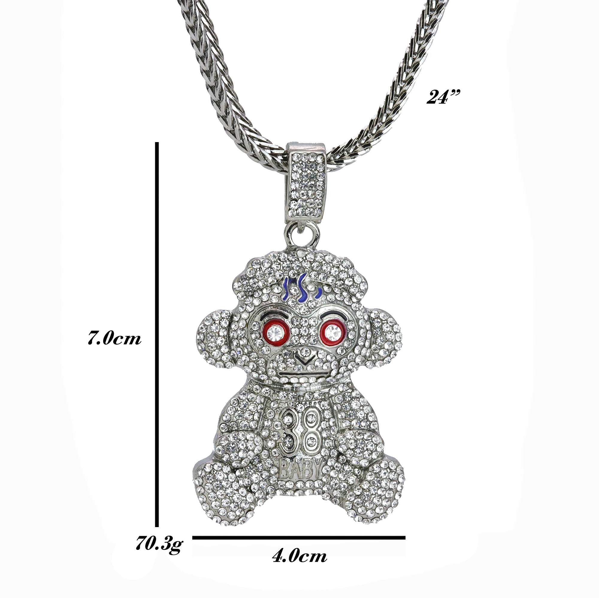 Iced Baby Monkey Pendant 24"Franco Chain Hip Hop Style Silver Plated