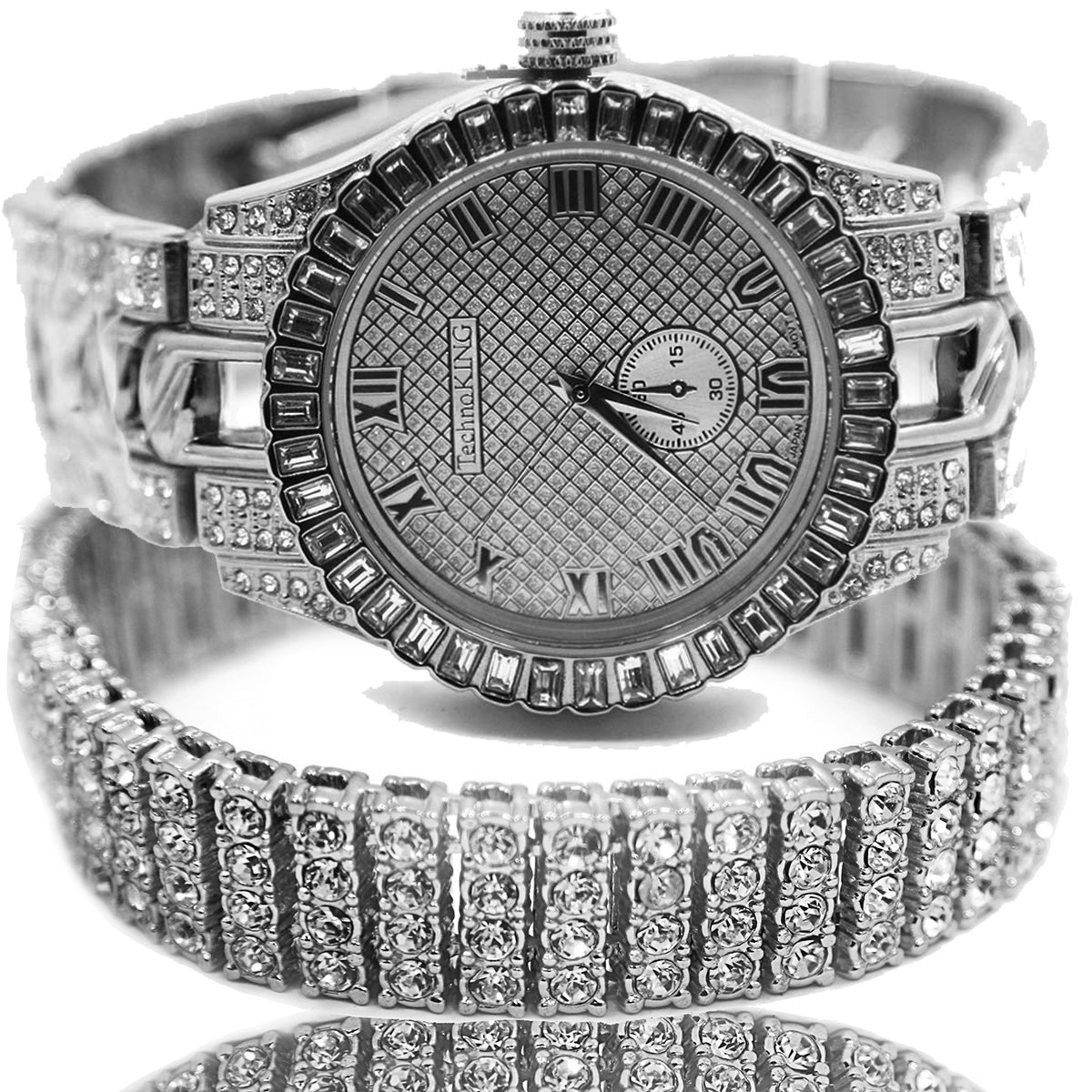 White Gold Ice Out Techno KING Watch & Bracelet SET 6