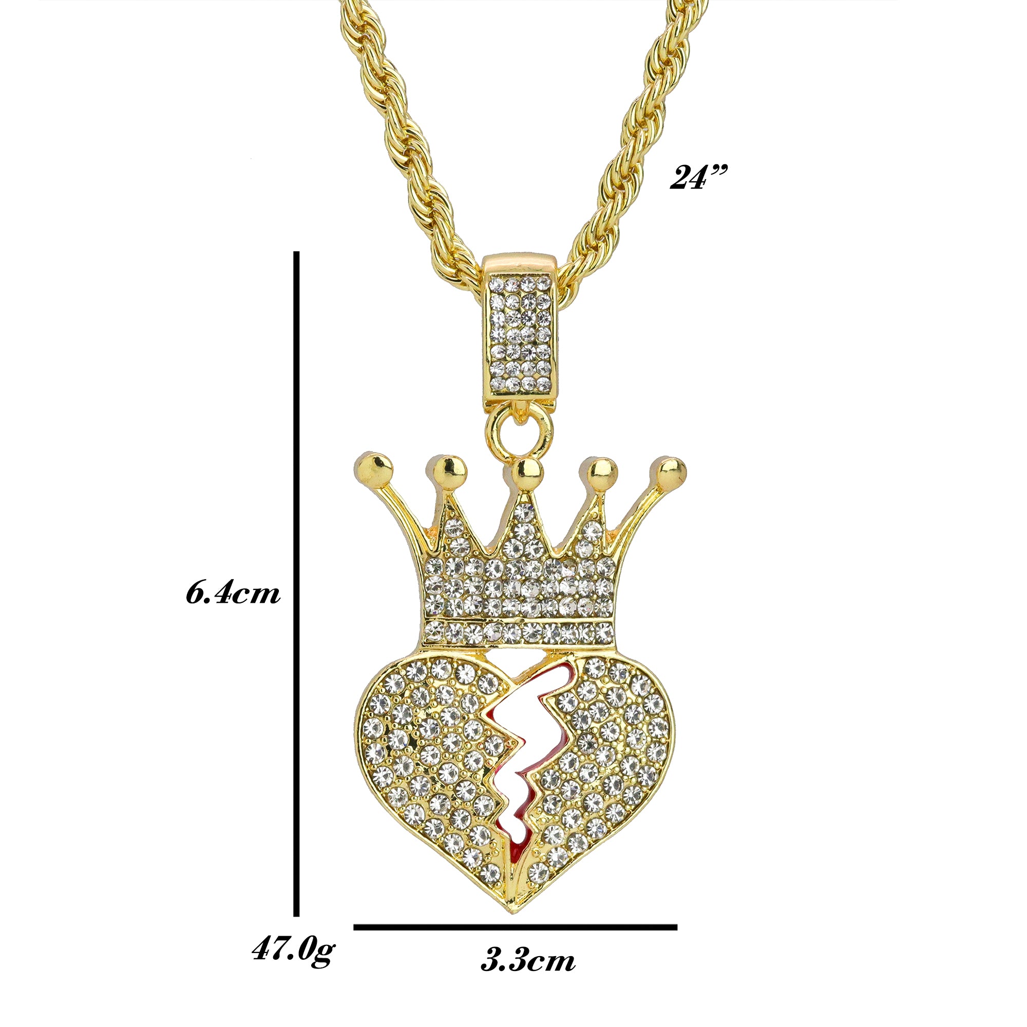 Iced Crown Broken Heart Pendant 24"Rope Chain Hip Hop Style 18k Gold Plated