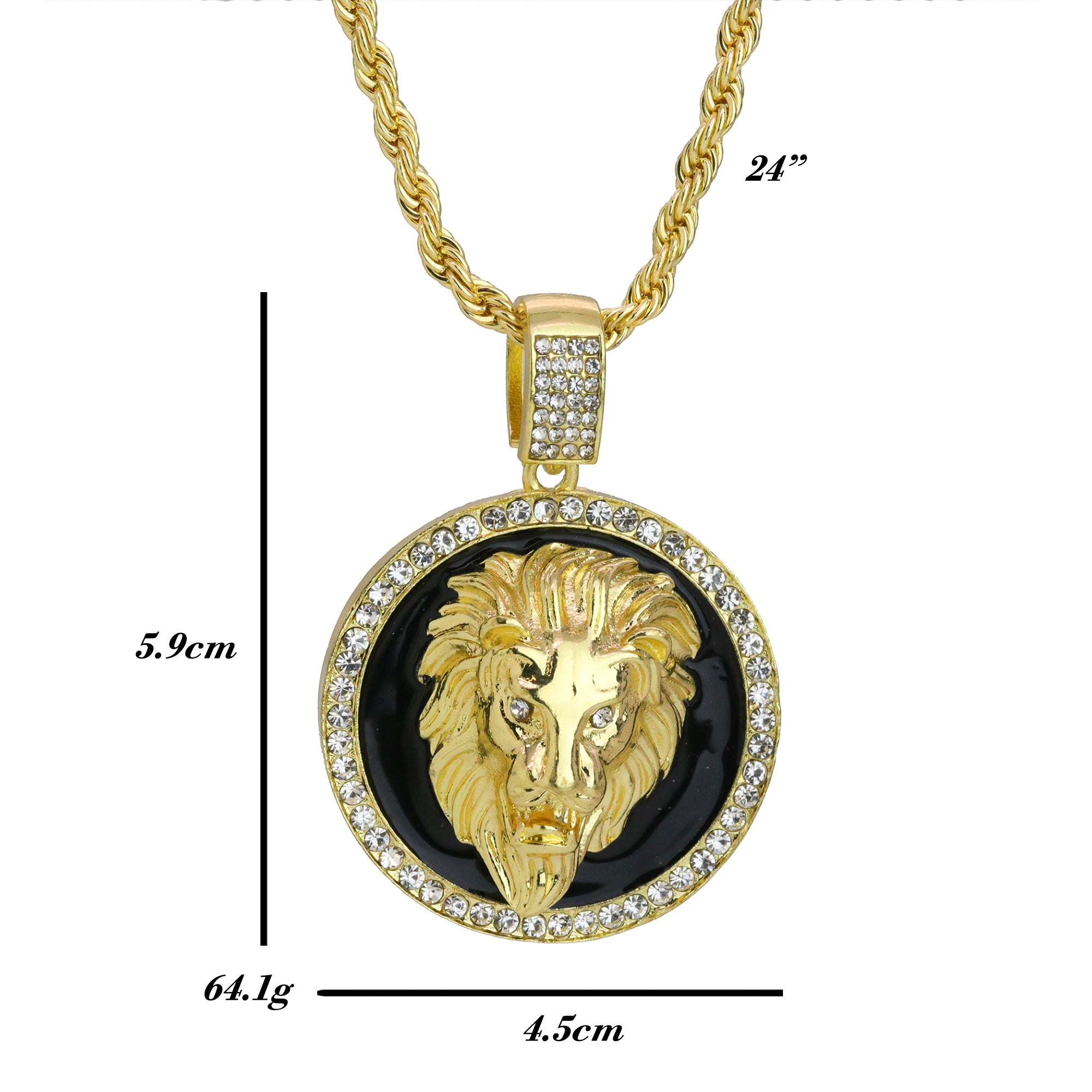 Iced Black Round Lion Face Pendant 24"Rope Chain Hip Hop Style 18k Gold Plated