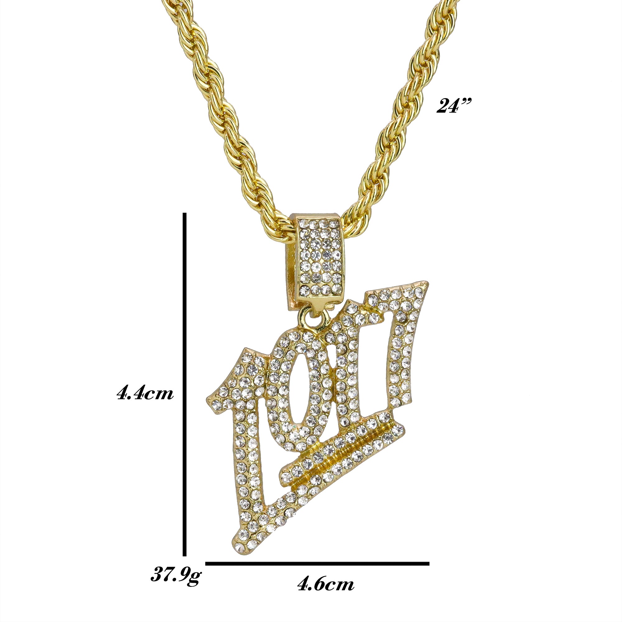 Iced 1017 Numbers Pendant 24"Rope Chain Hip Hop Style 18k Gold Plated
