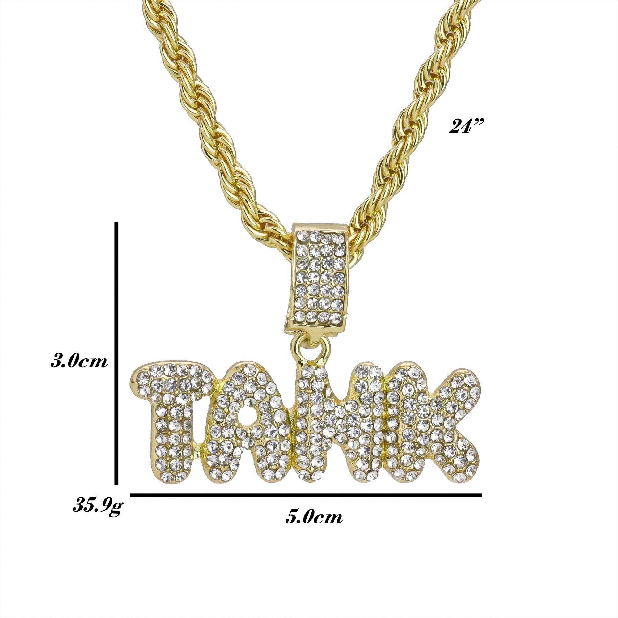 Iced Tank Letter Pendant 24"Rope Chain Hip Hop Style 18k Gold Plated