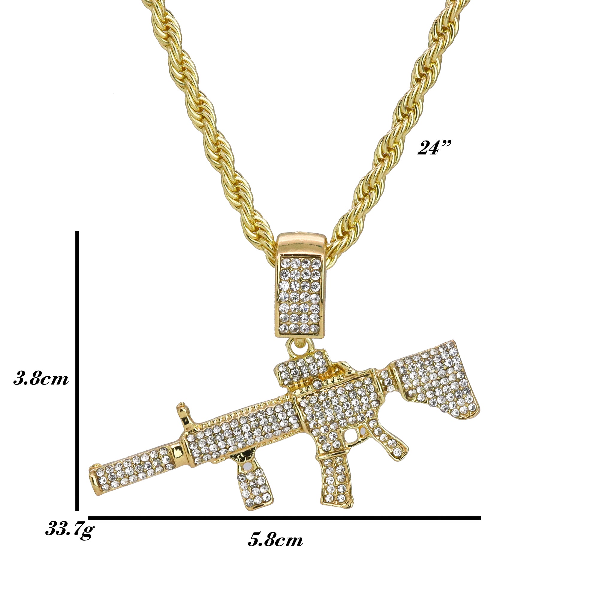 Iced AR Rifle Pendant 24"Rope Chain Hip Hop Style 18k Gold Plated Necklace