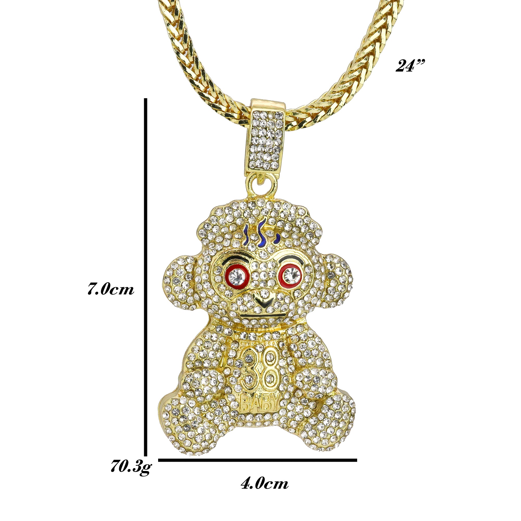 Iced Baby Monkey Pendant 24"Franco Chain Hip Hop Style 18k Gold Plated