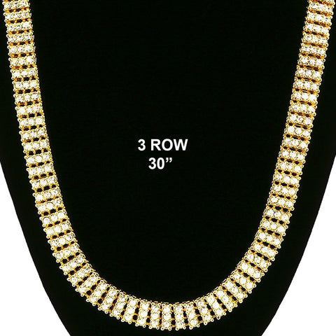 3 ROW ICED-OUT TENNIS GOLD/CLEAR CHAIN 30"
