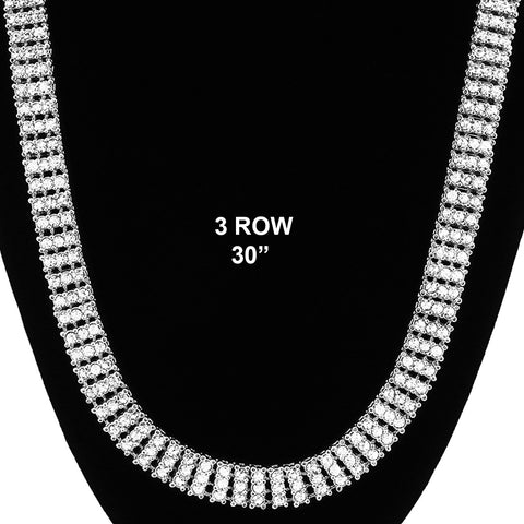 3 ROW ICED-OUT TENNIS SILVER/CLEAR CHAIN 30"