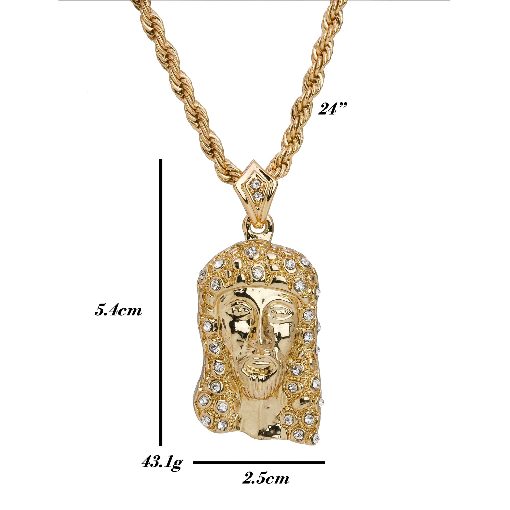 Iced Religious Jesus Face Piece Pendant 24 Rope Chain Hip Hop 18k Jewelry Necklace