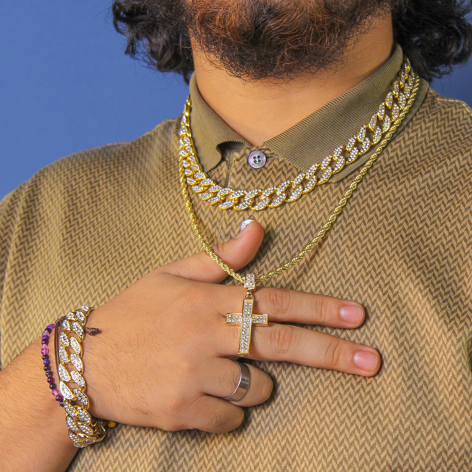 3d 2 Row Cross Pendant 4mm 24" Rope Chain 18k Gold Plated