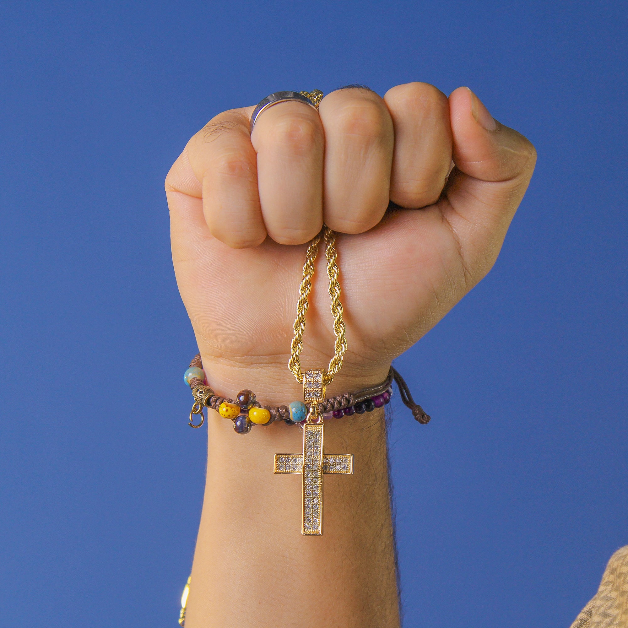 3d 2 Row Cross Pendant 4mm 24" Rope Chain 18k Gold Plated