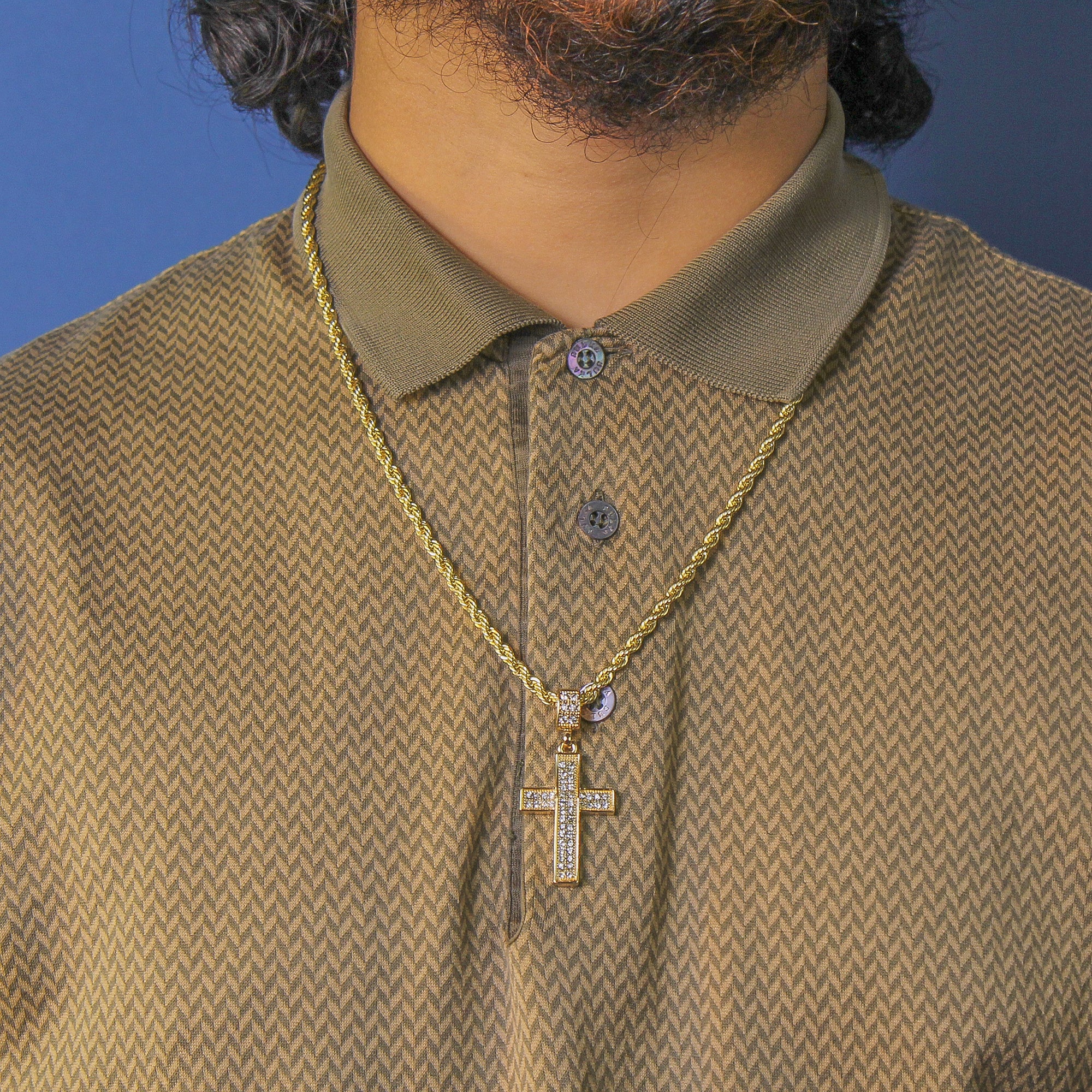 3d 2 Row Cross Pendant 4mm 24" Rope Chain 18k Gold Plated