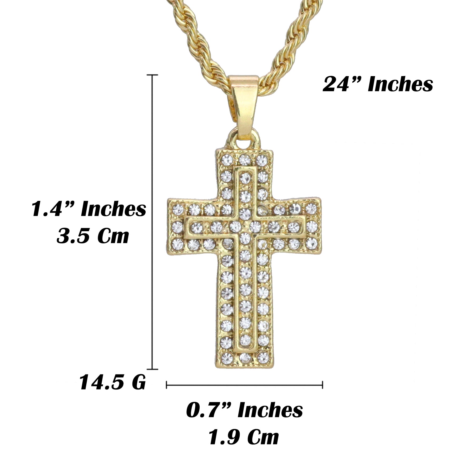 Iced Micro 3D Cross Pendant 24" Rope Chain Hip Hop Style 18k Gold PT