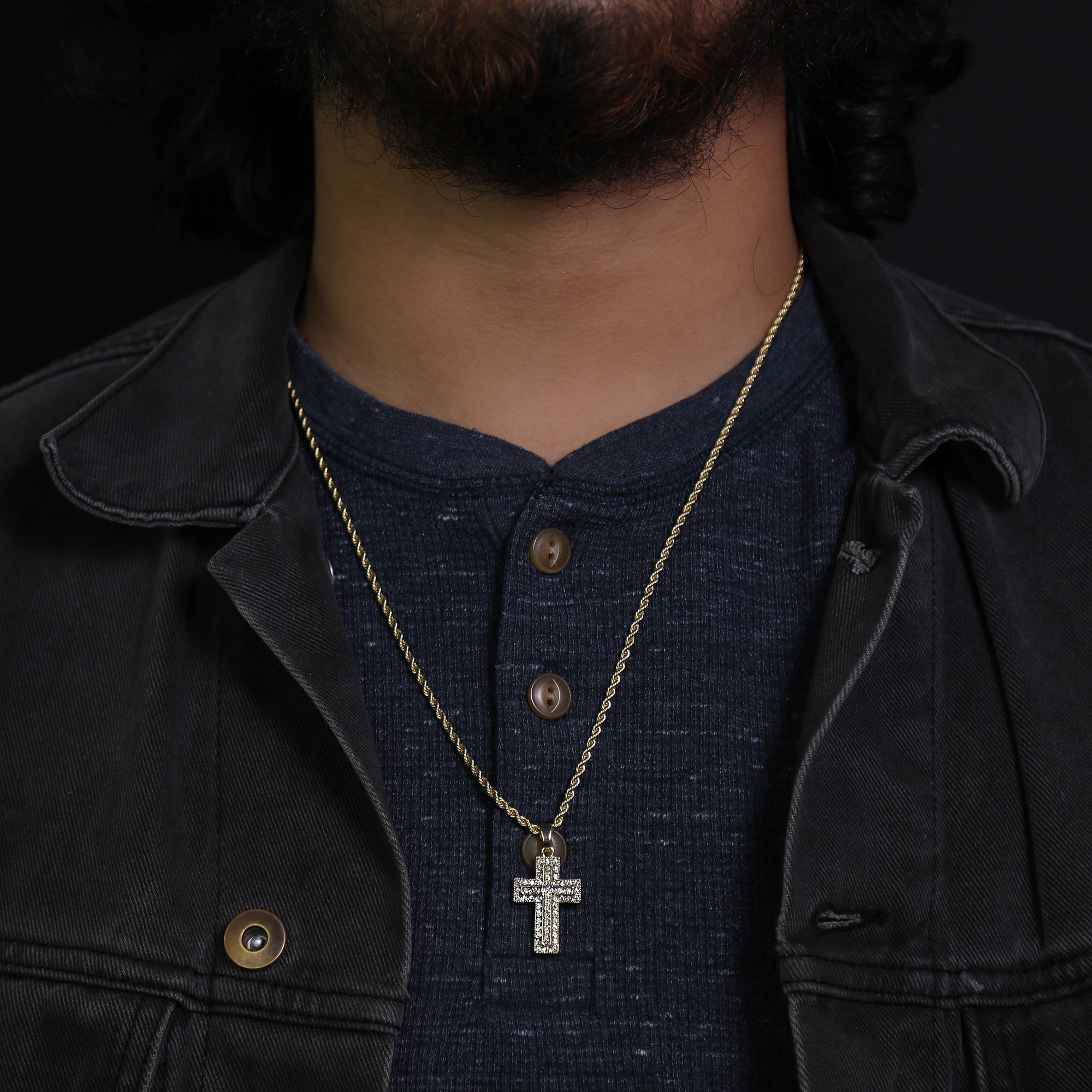 Iced Micro 3D Cross Pendant 24" Rope Chain Hip Hop Style 18k Gold PT