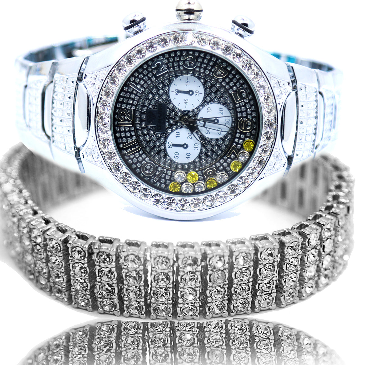 White Gold Ice Out Ice Master Watch & Bracelet SET 9 Black