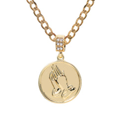 Round Plain Prayer Hands Pendant Cubic-Zirconia Gold Plated 18" Cuban Chain