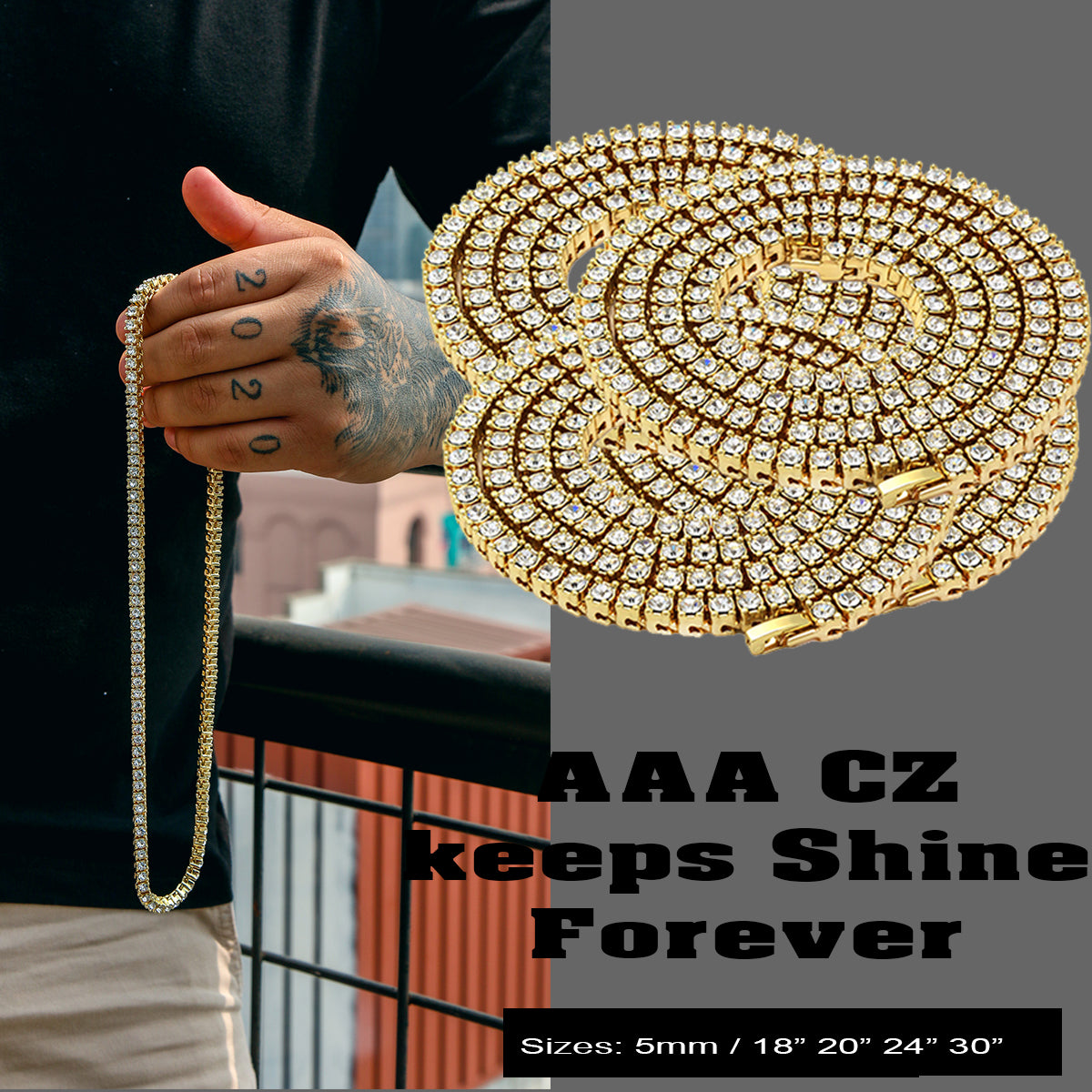 GOLD TENNIS CHAIN 18" 20" 24" 30"