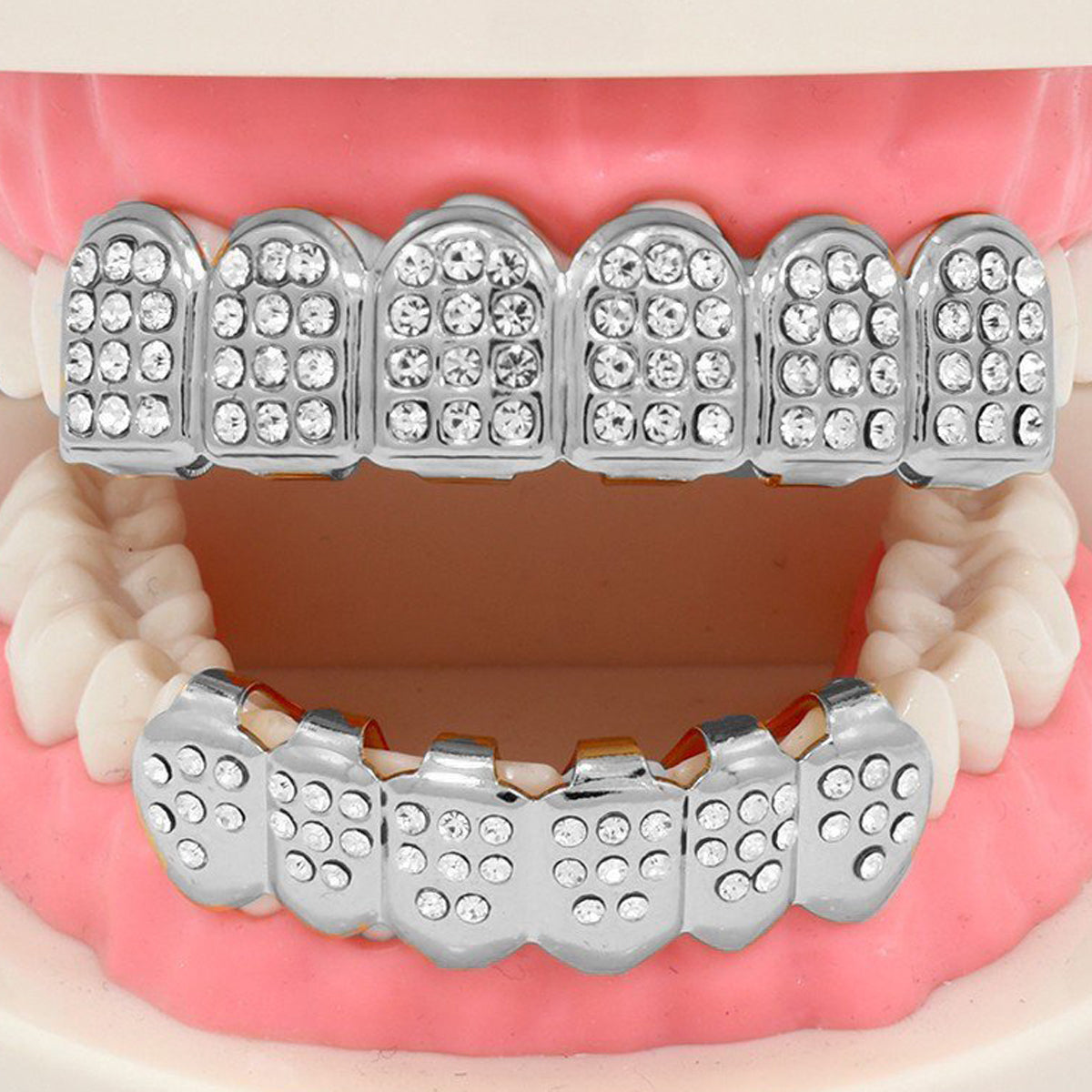 GRILLZ SET SILVER D SHAPE FULLY ICED