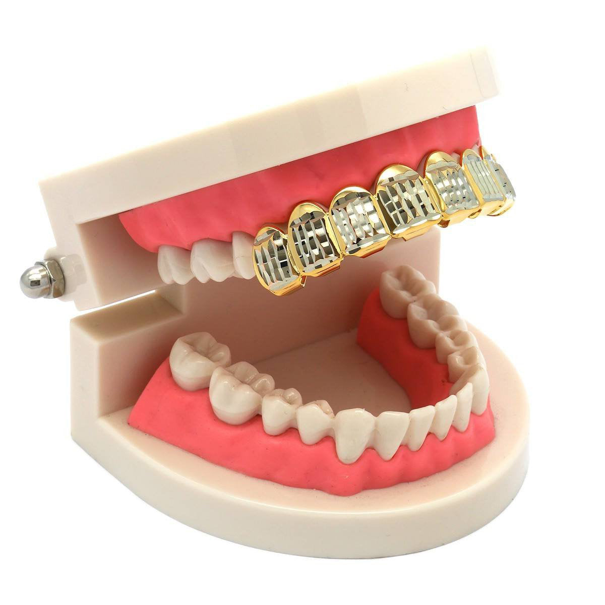 GOLD TOP GRILLZ 8 TOOTH DIAMOND CUT W/ SILVER