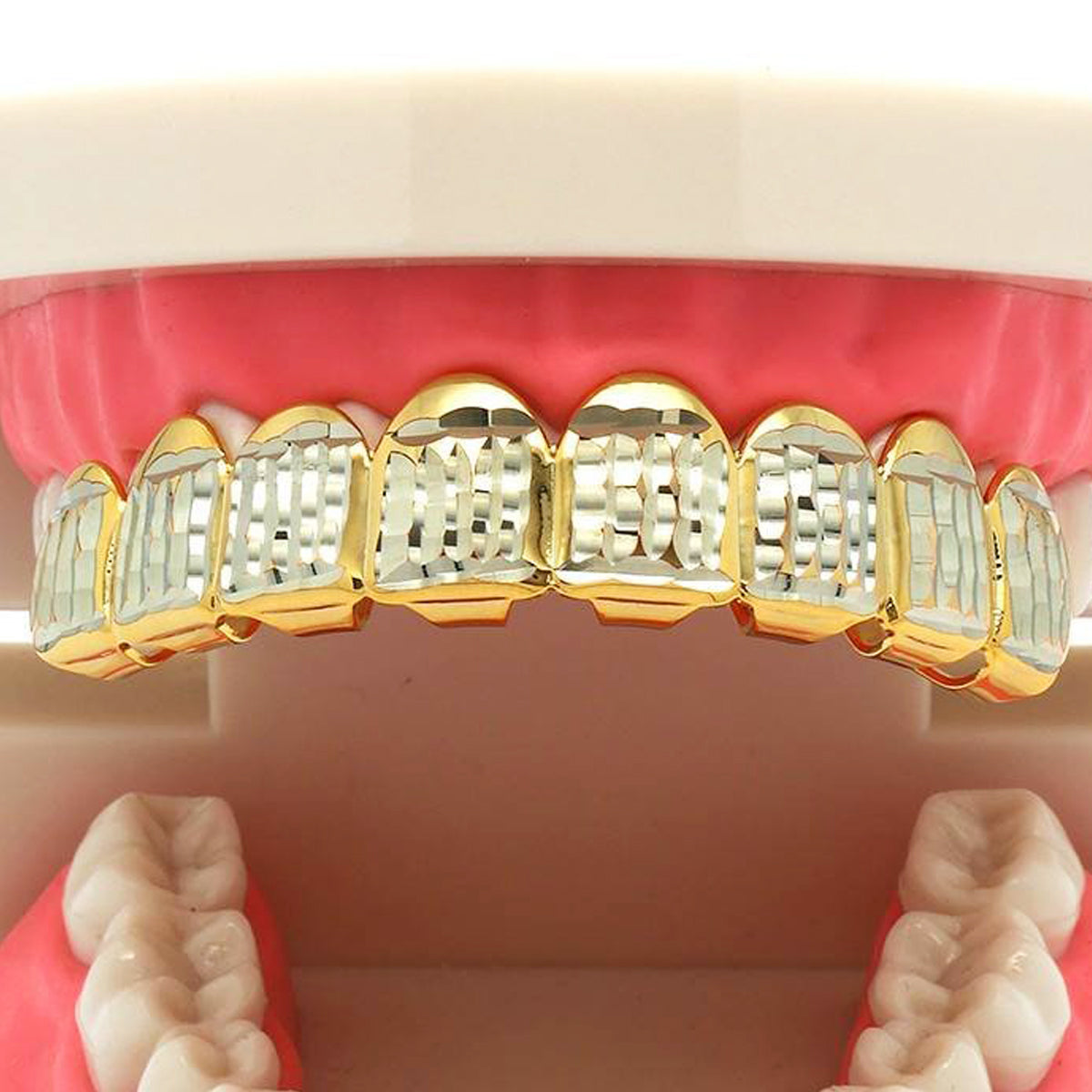 GOLD TOP GRILLZ 8 TOOTH DIAMOND CUT W/ SILVER