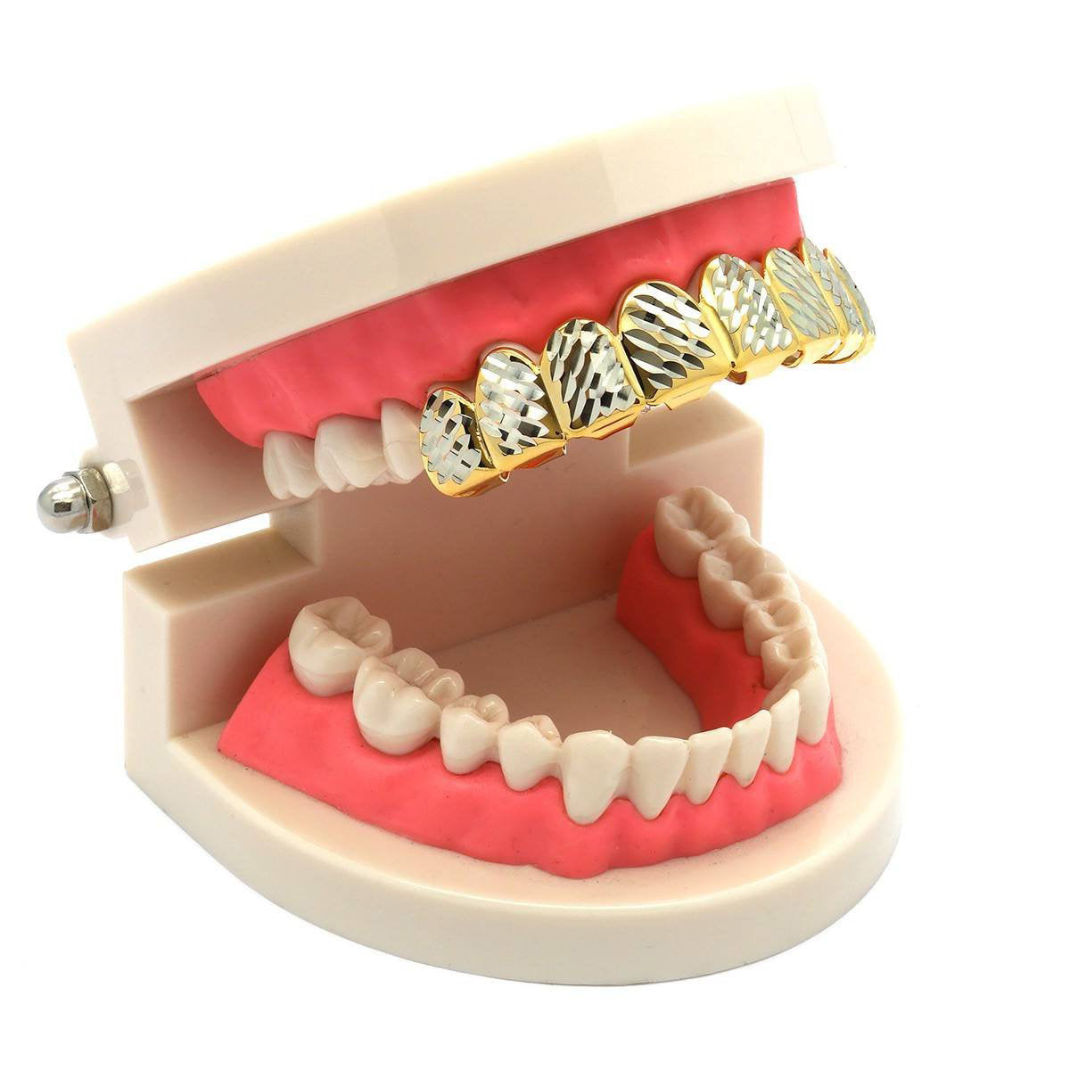 GOLD TOP GRILLZ 8 TOOTH SIDE DIAMOND CUT W/ SILVER