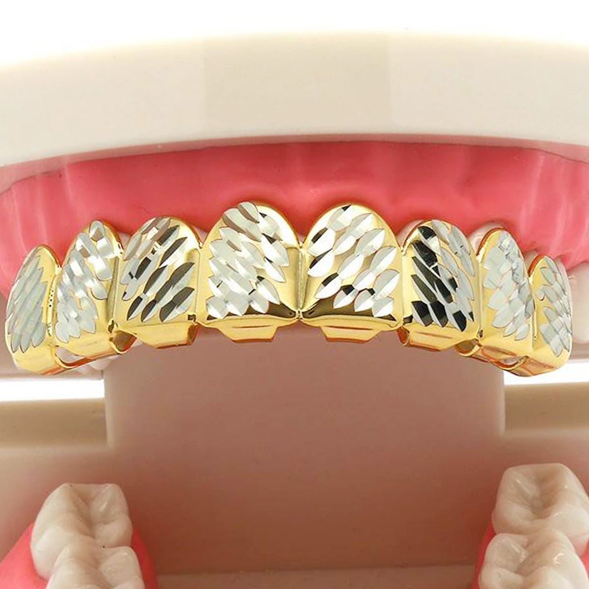 GOLD TOP GRILLZ 8 TOOTH SIDE DIAMOND CUT W/ SILVER