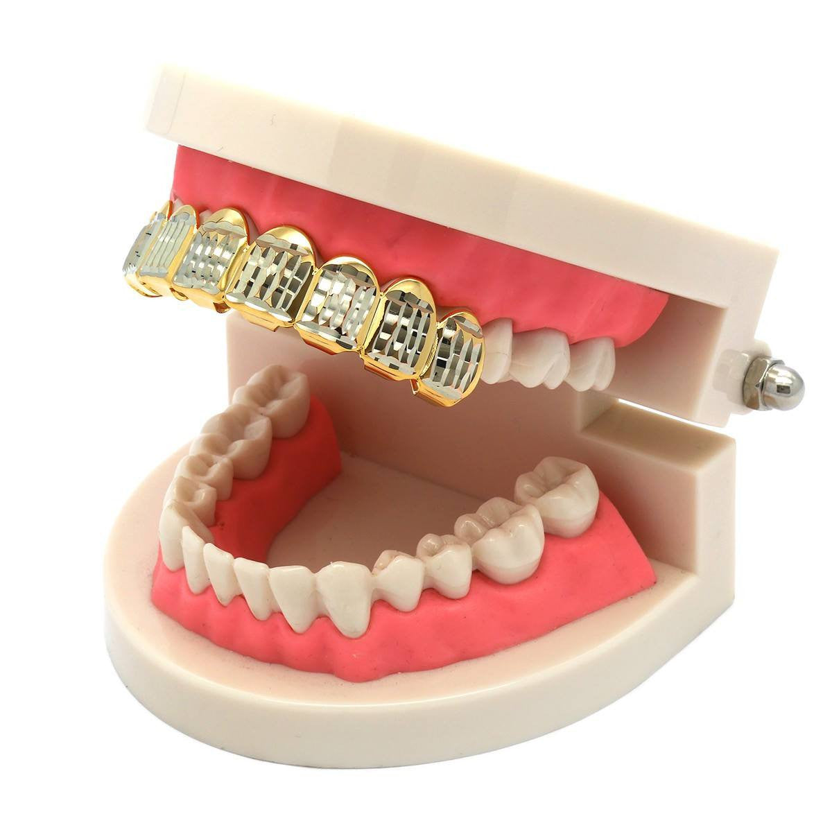 GOLD TOP GRILLZ 8 TOOTH DIAMOND CUT W/ SILVER