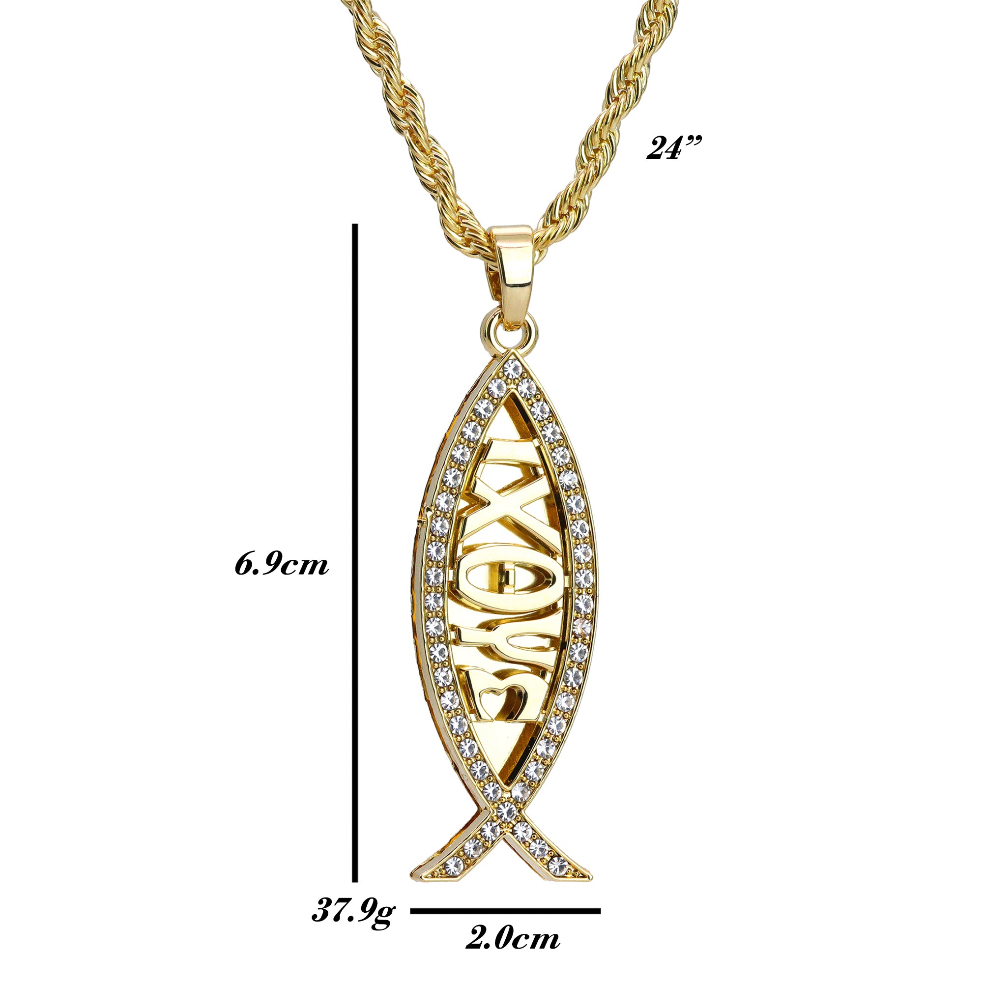 Iced 3D Jesus Fish IXOYE Pendant 24" Rope Chain Hip Hop Style 18k Gold Plated