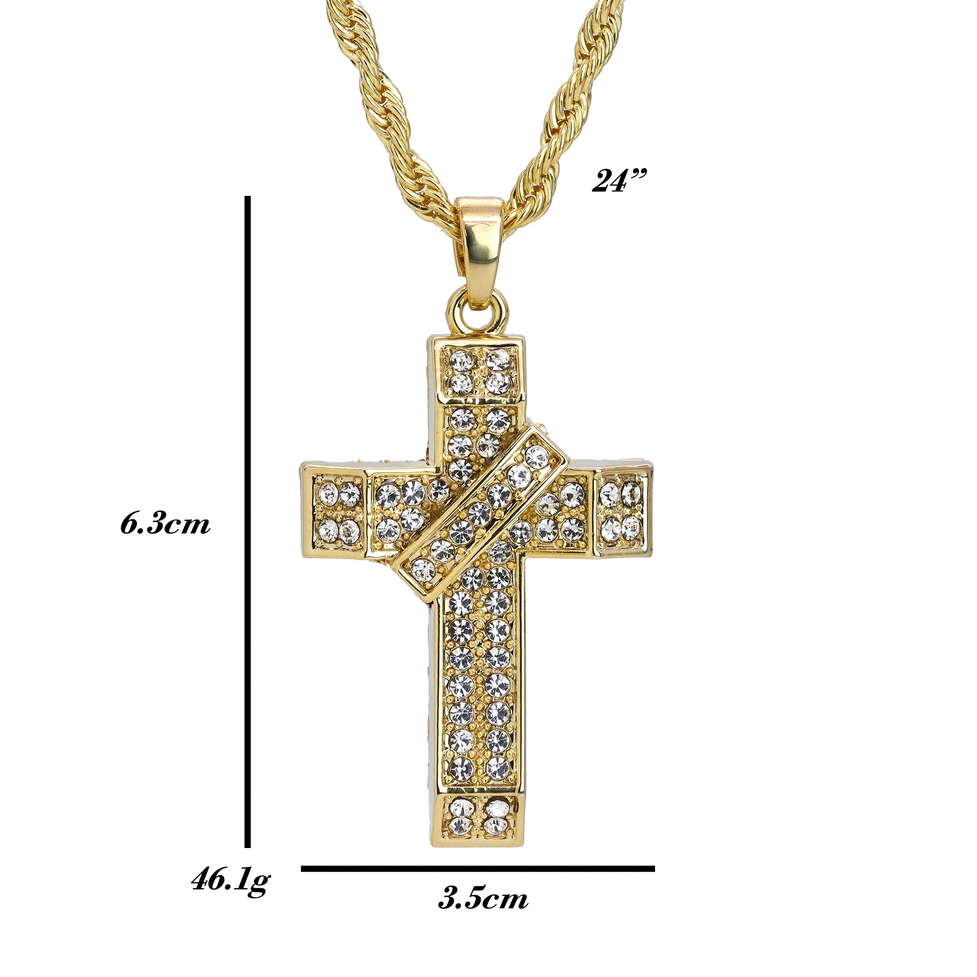 Iced 3D Banner Cross Crucifix Pendant 24" Rope Chain Hip Hop Style 18k Gold PT