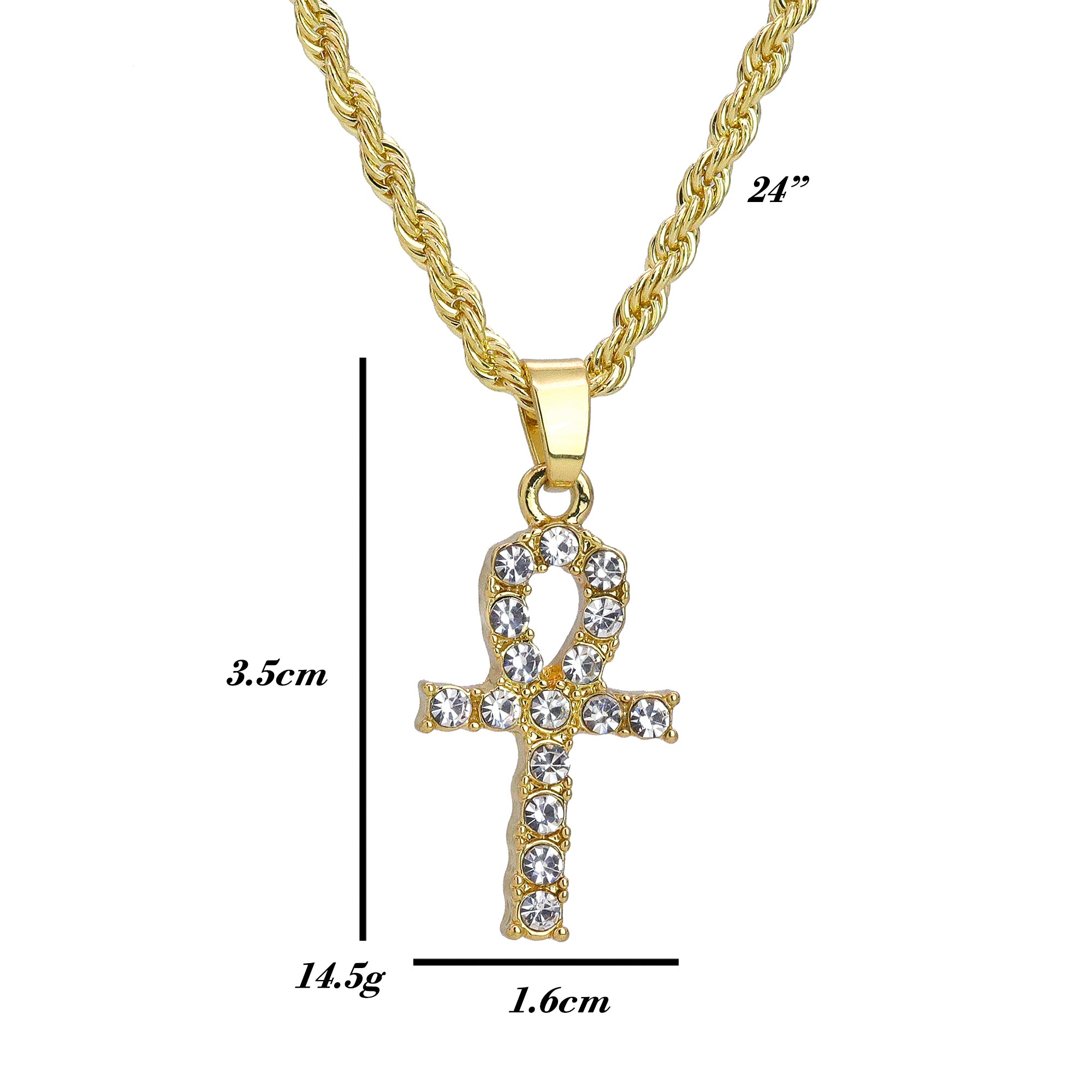 Iced Micro Egyptian Ankh Cross Pendant 24" Rope Chain Hip Hop Style 18k Gold PT