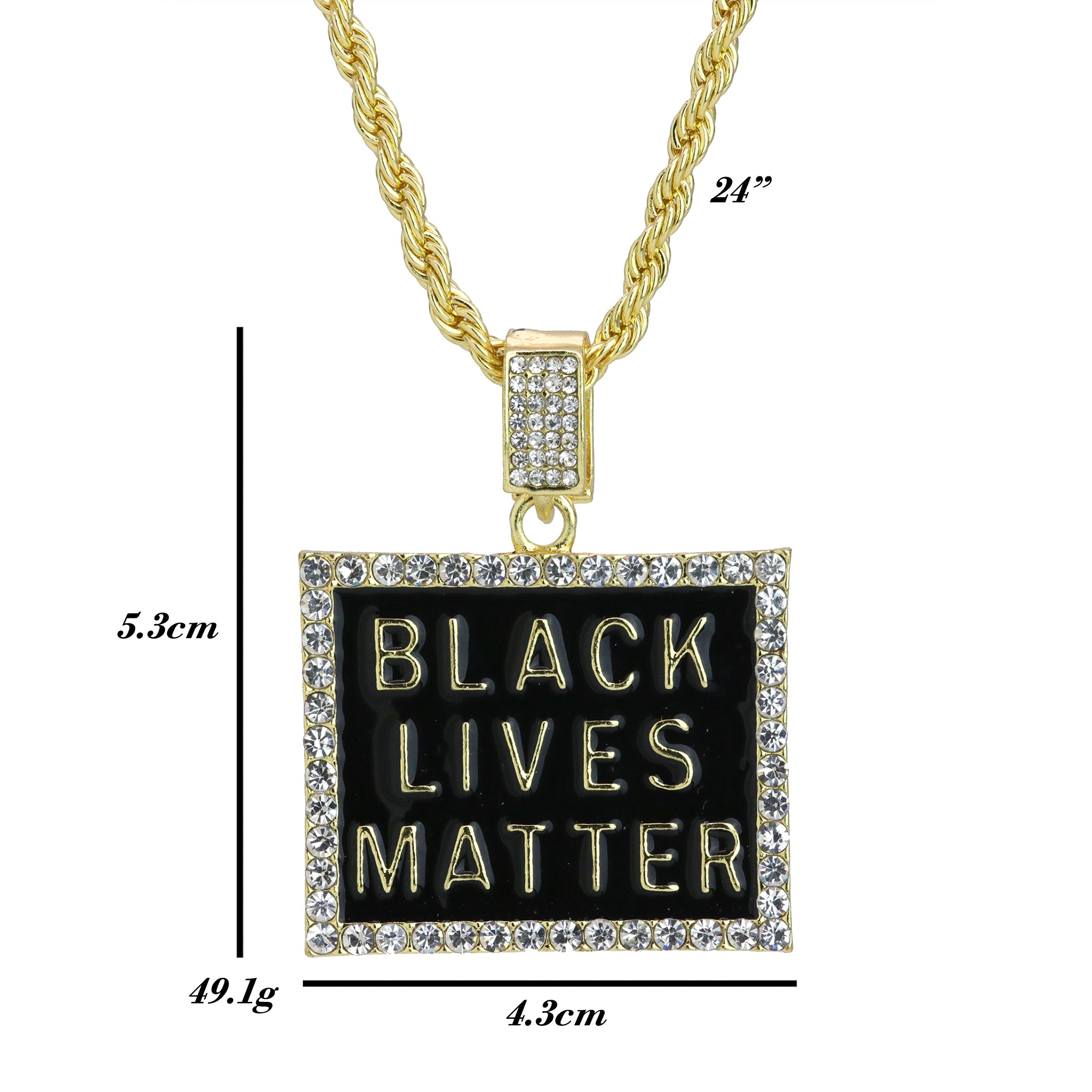 Iced Block Black Lives Matter Pendant 24"Rope Chain Hip Hop Style 18k Gold Plated