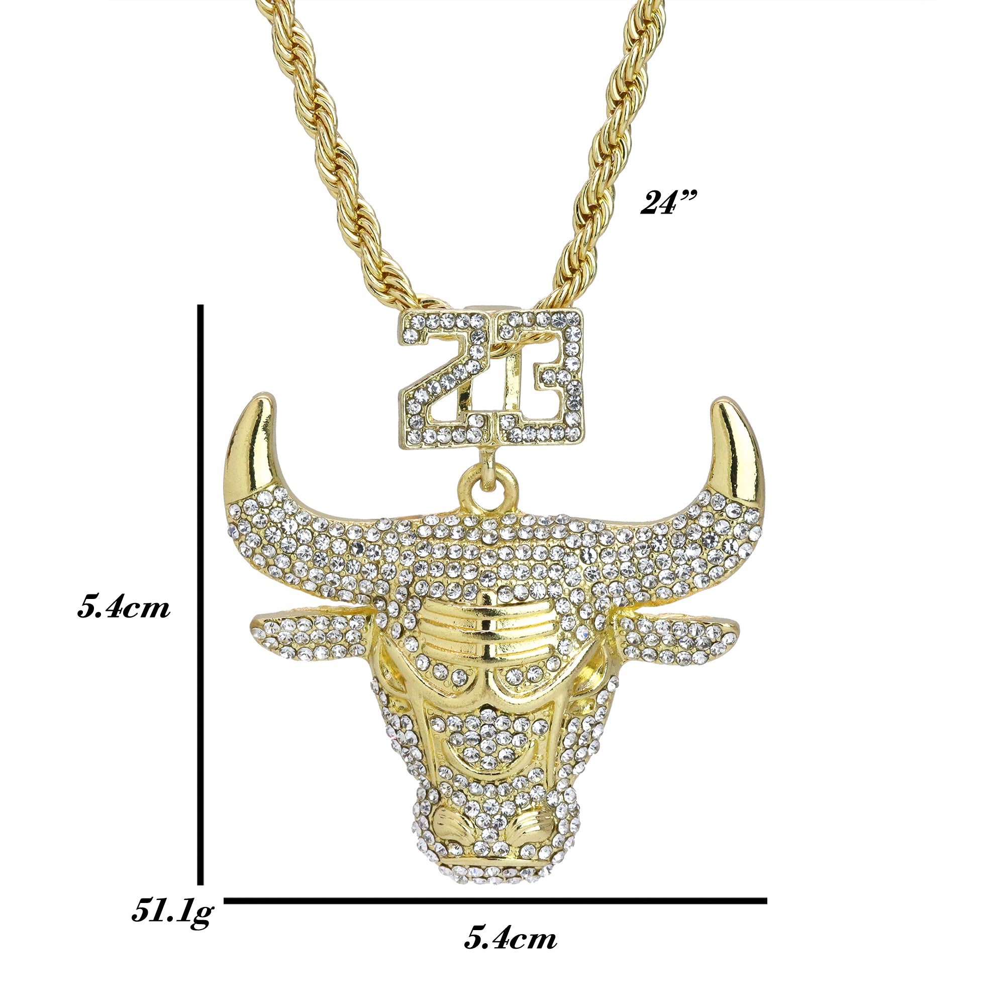 Iced Big 23 Bull Pendant 24"Rope Chain Hip Hop Style 18k Gold Plated