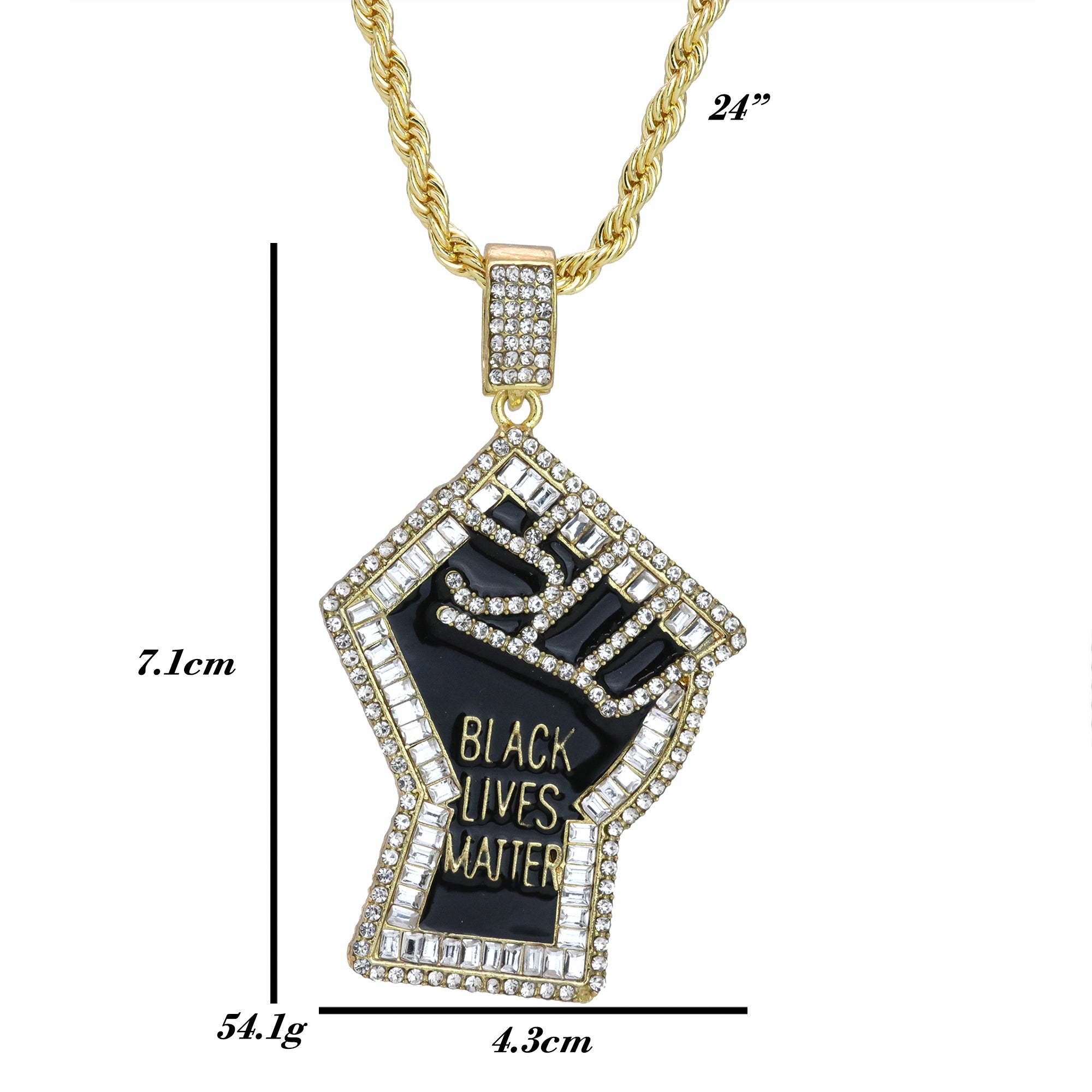 Iced Baguette BLM Fist Pendant 24"Rope Chain Hip Hop Style 18k Gold Plated