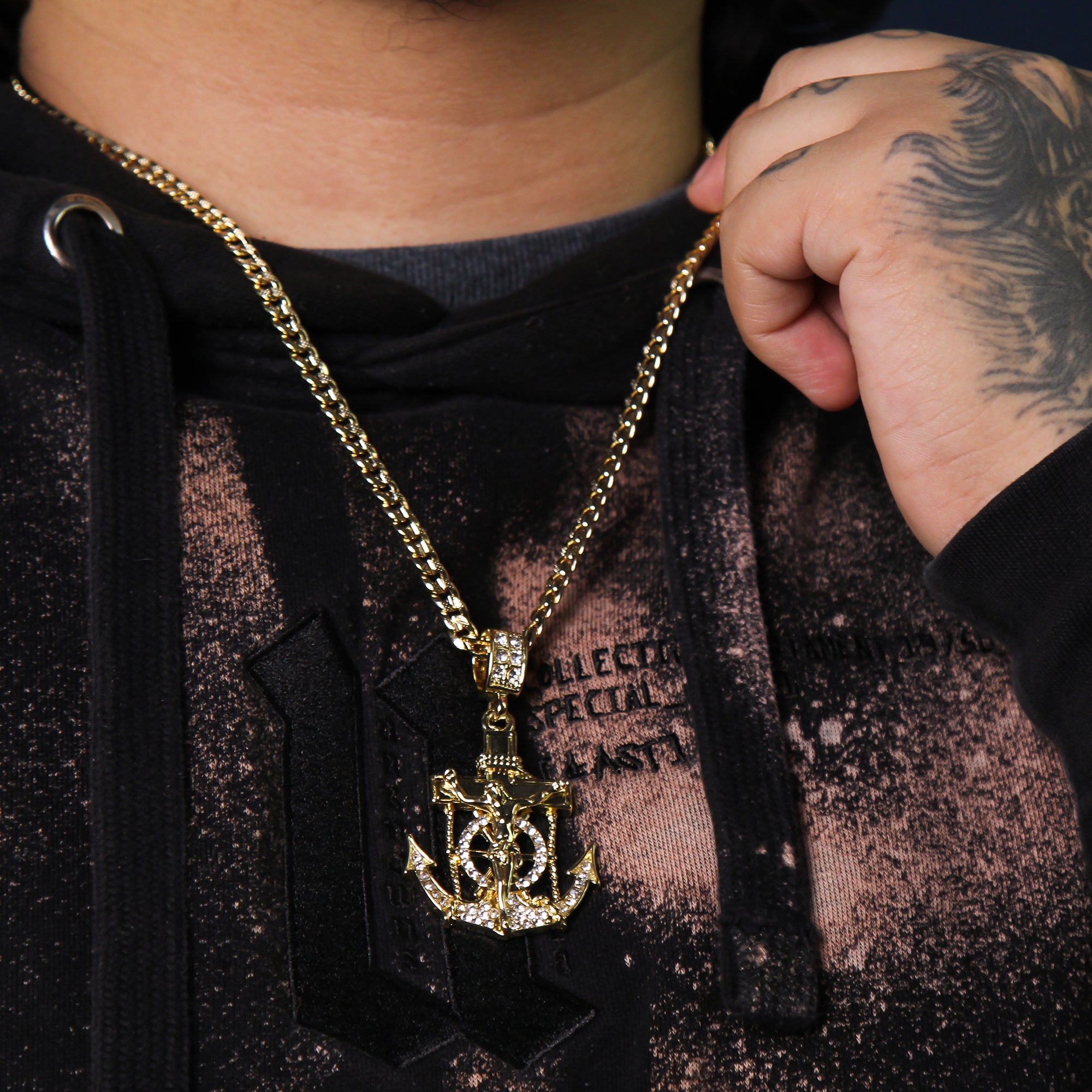 14k Gold Plated Cz Jesus Anchor Pendant 6mm 24" Frost Cuban Chain Necklace