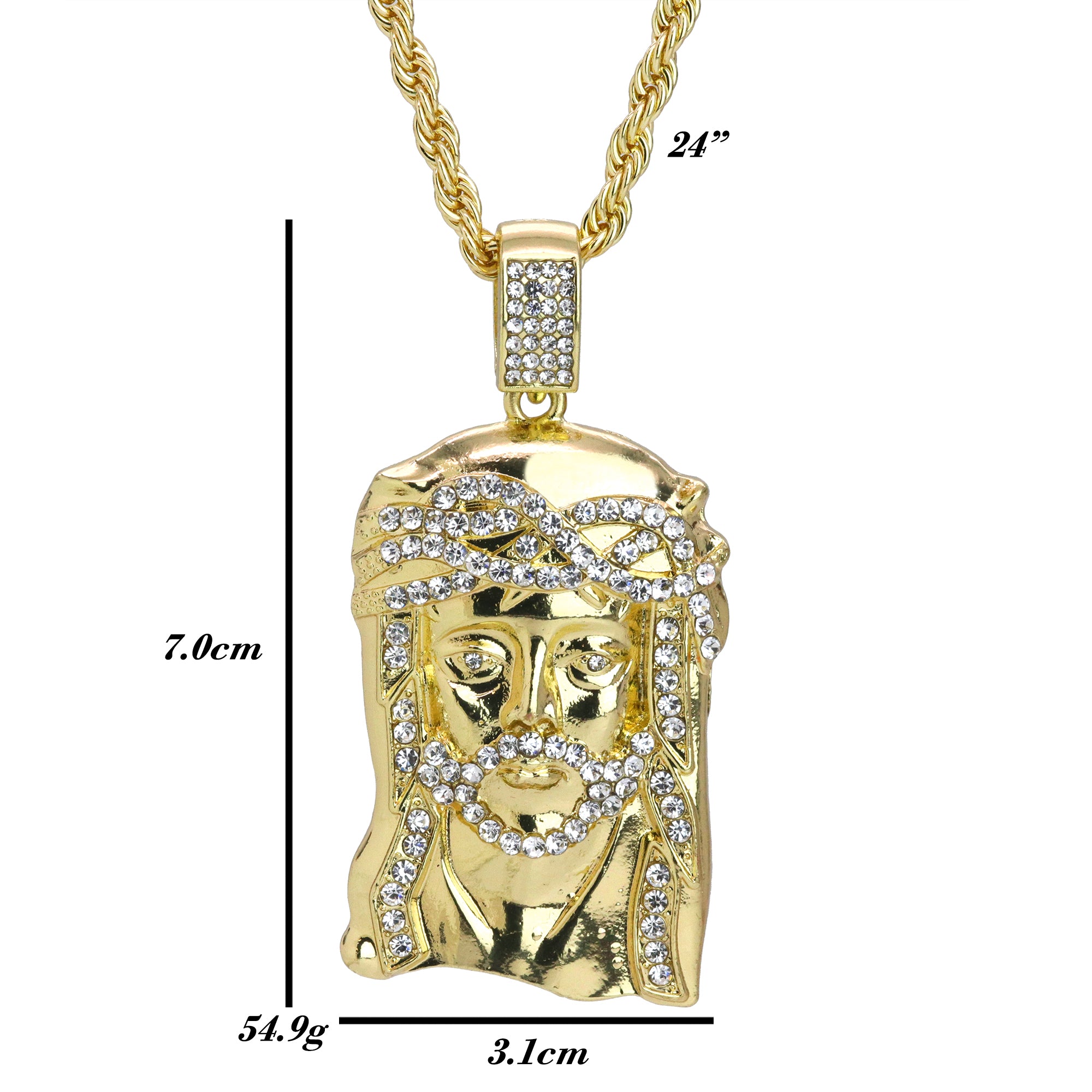 Iced Jesus Face Pendant 24"Rope Chain Hip Hop Style 18k Gold Plated