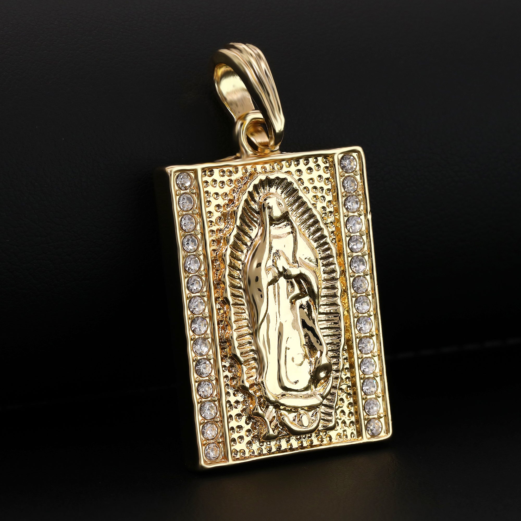 Catholic Square Guadalupe Pendant Cubic-Zirconia Gold Plated 18" Cuban Chain