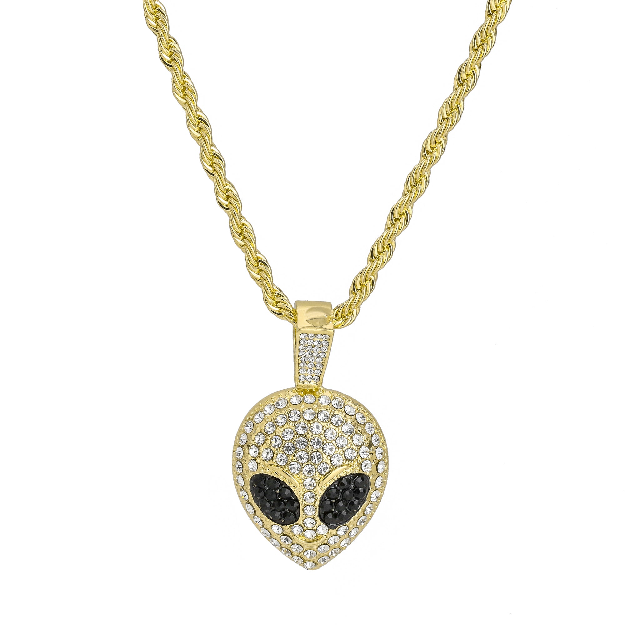 Black Eyes Alien Face Pendant Rope Chain Men's Hip Hop 18k Cz Jewelry