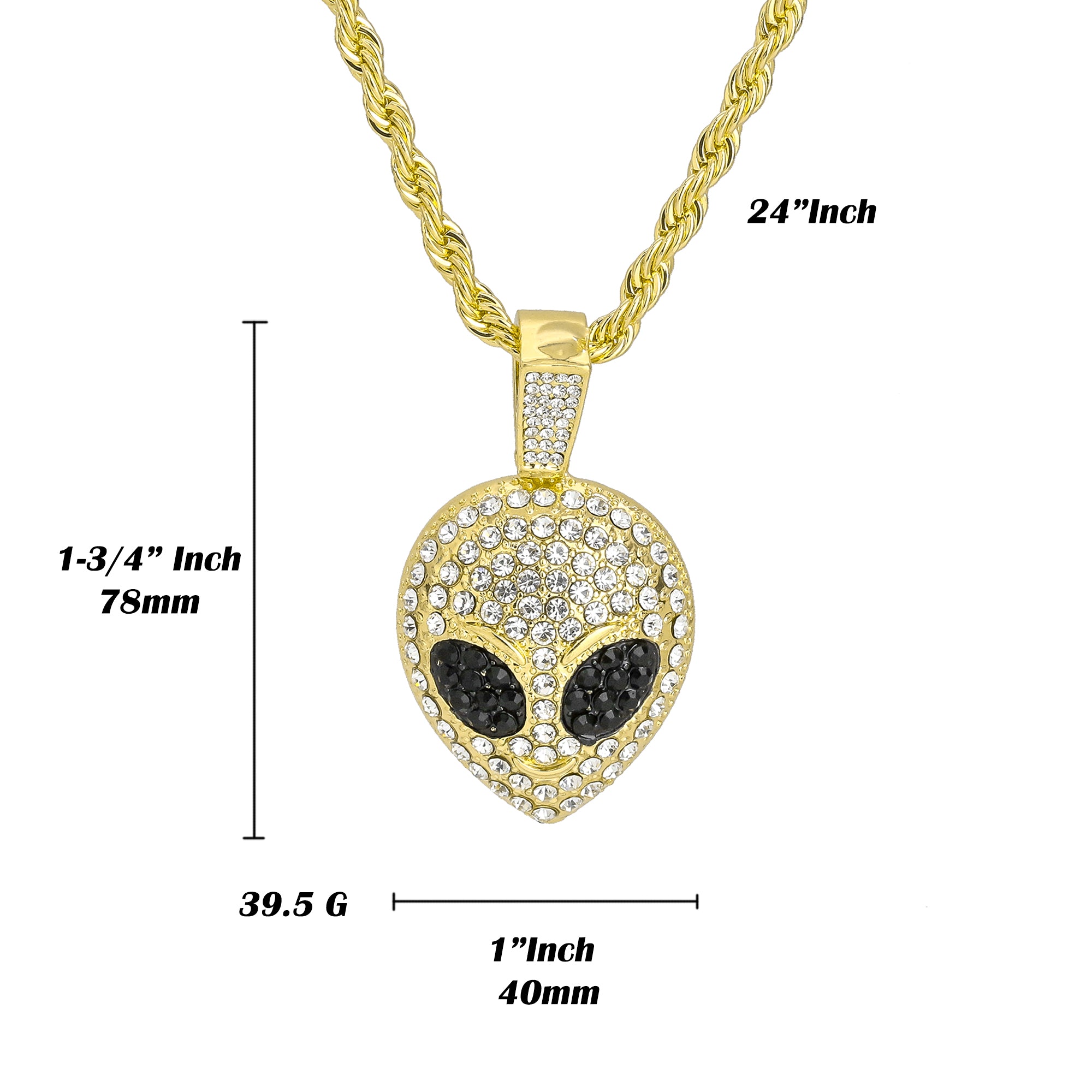 Black Eyes Alien Face Pendant Rope Chain Men's Hip Hop 18k Cz Jewelry